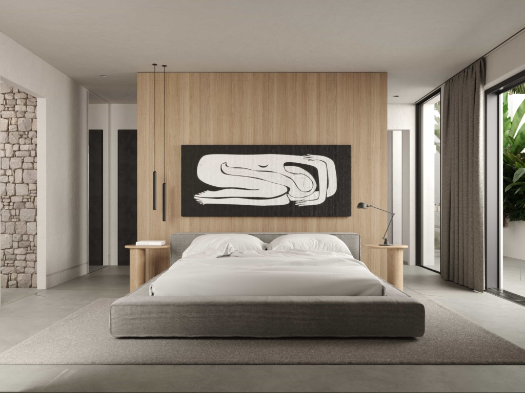 Scandinavian minimalistic master bedroom with terrace