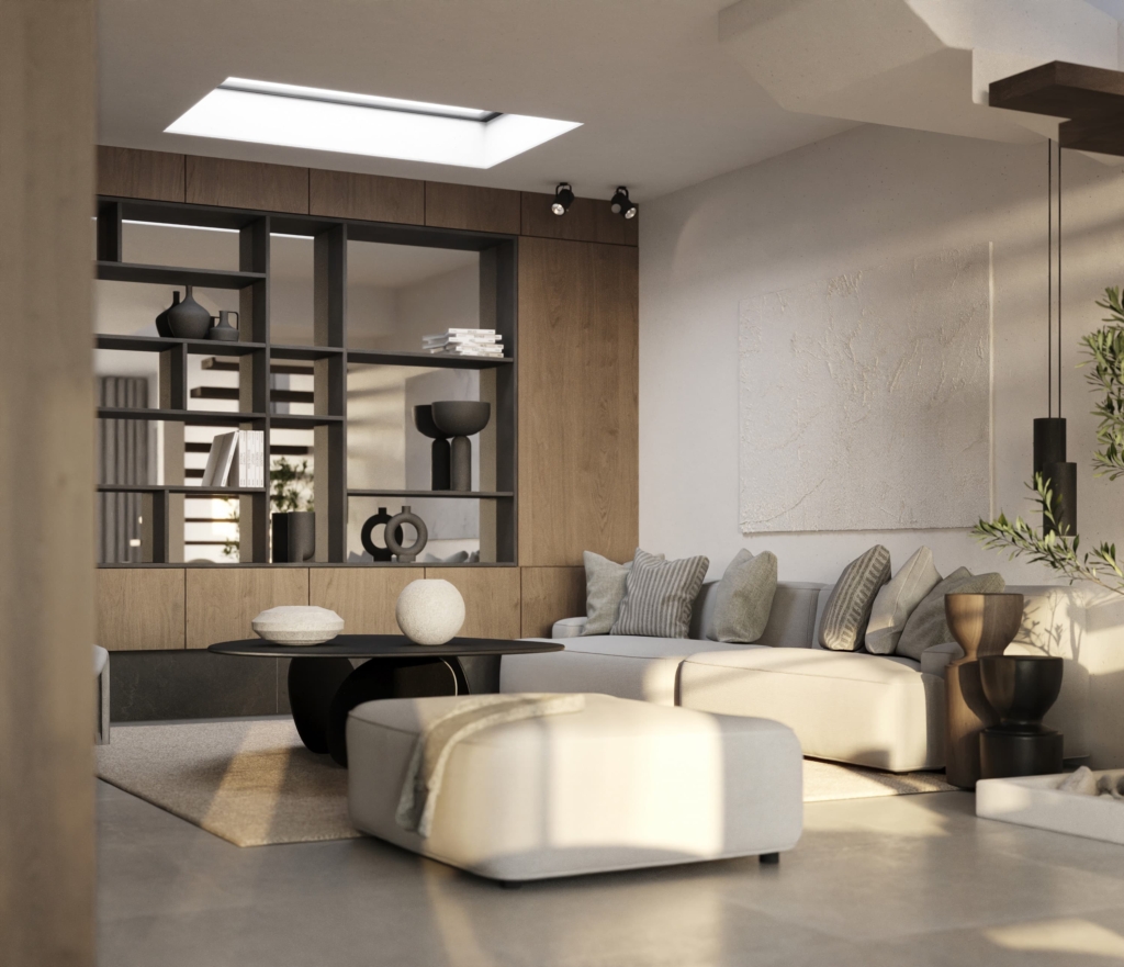 Scandinavian style living room in walnut