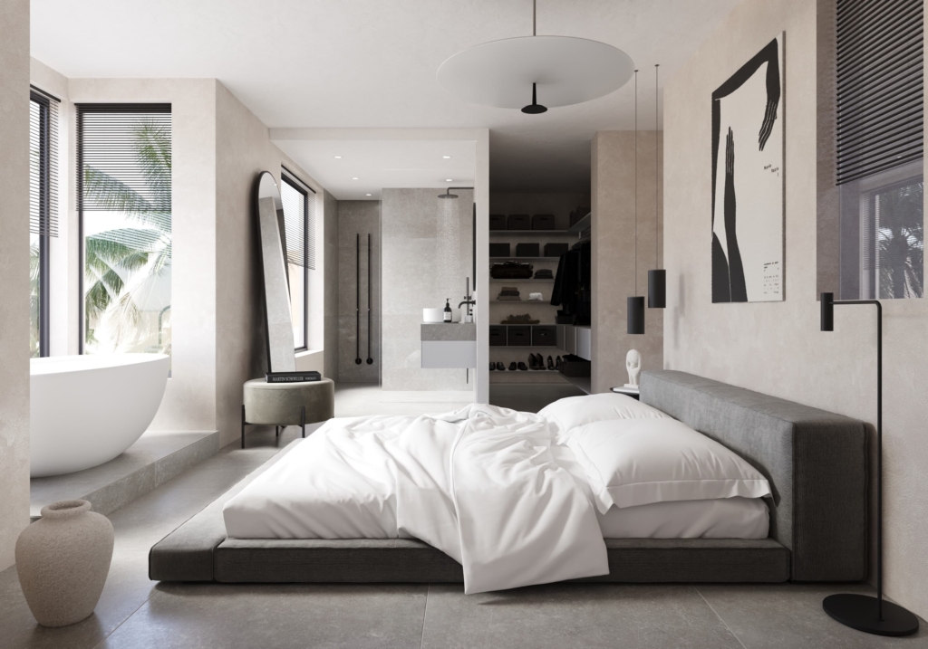 Scandinavian style bedroom with walking closet