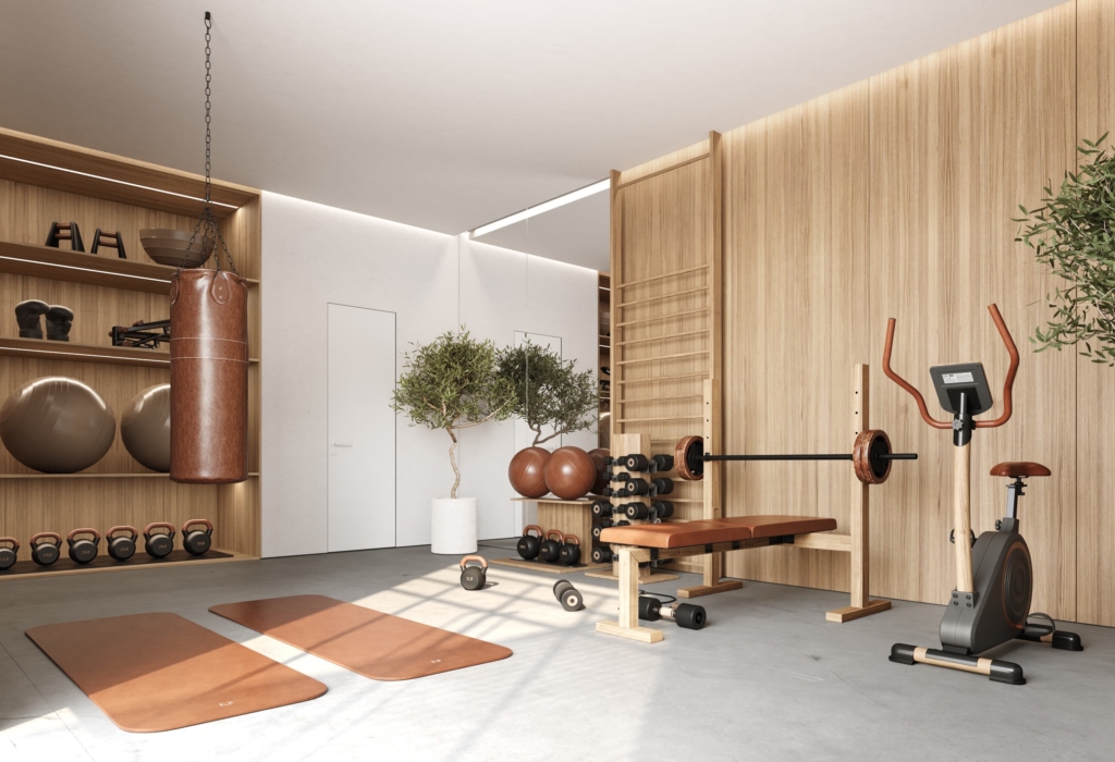 Scandinavian and minimalistic gym with wooden details