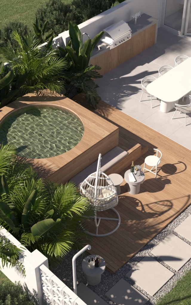 Terrace with jacuzzi and lounge chair and dining area