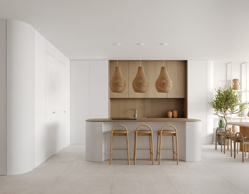 white and wooden kitchen with an island and stools
