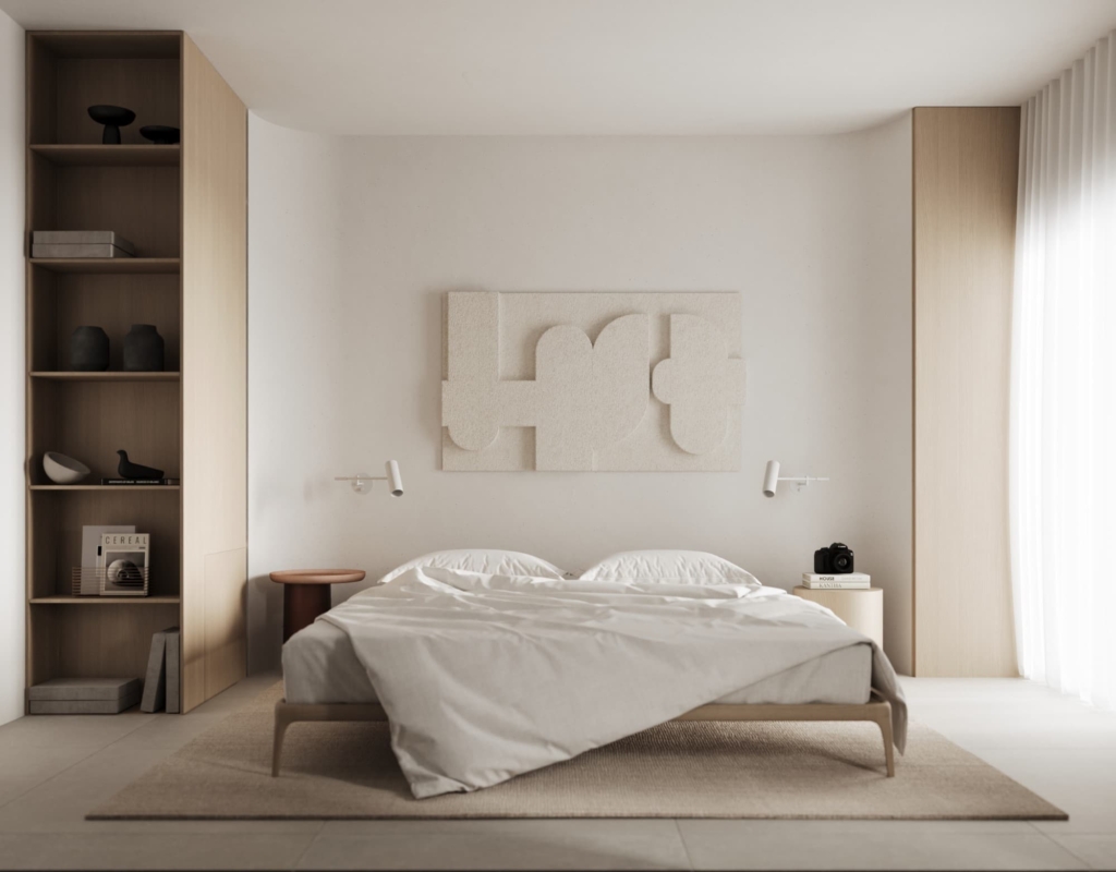 Minimalistic bedroom with wooden details and abstract art