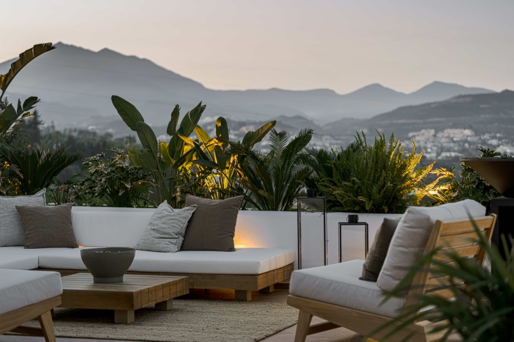 Outdoor lounge set with stunning sunset view